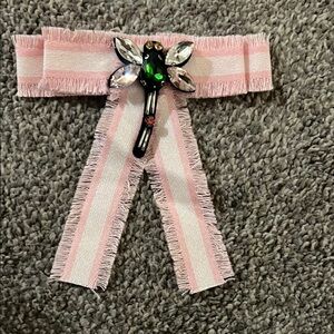 Girls Pink Striped Ribbon Hair Bow with Jewel Accent